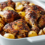 Clean recipe card image of za’atar-roasted chicken