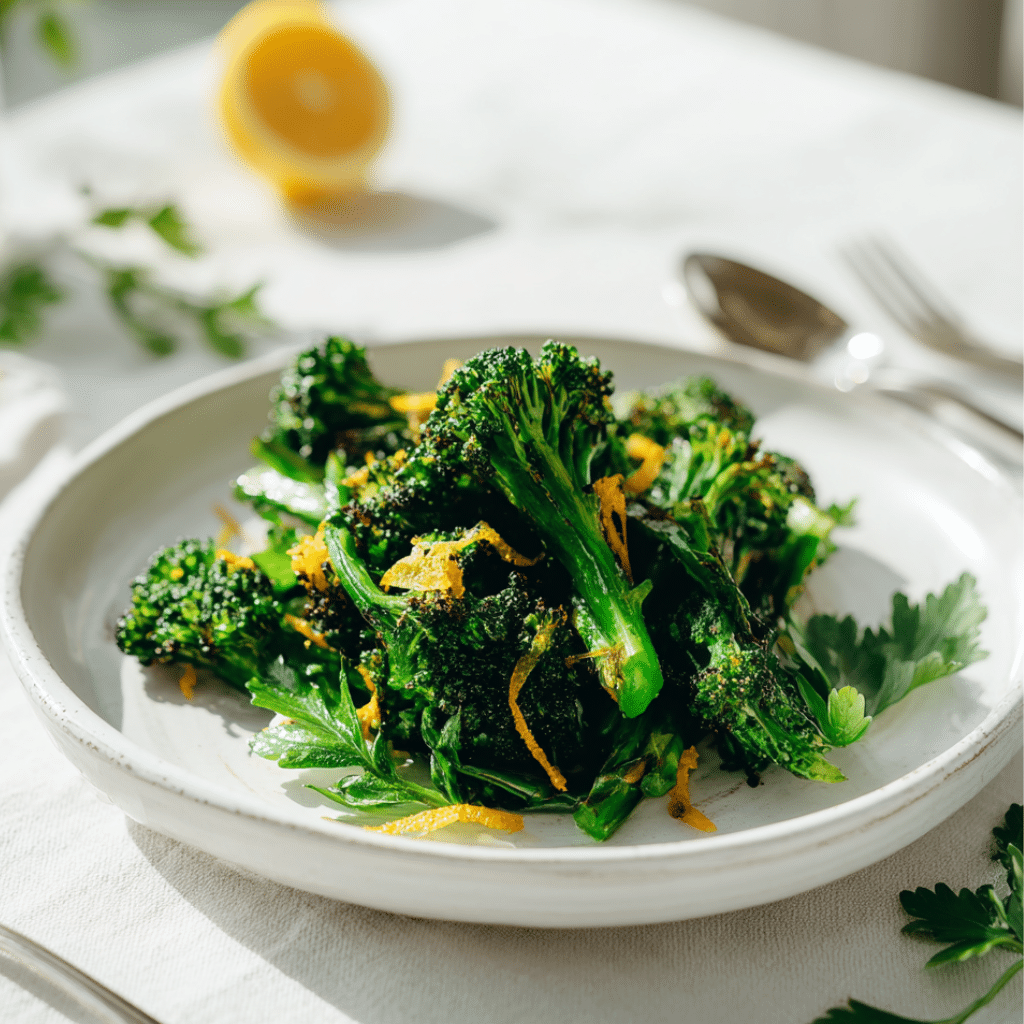 Home - Anti-Inflammatory Recipes 4 Crispy charred broccoli with garlic and lemon zest on baking tray