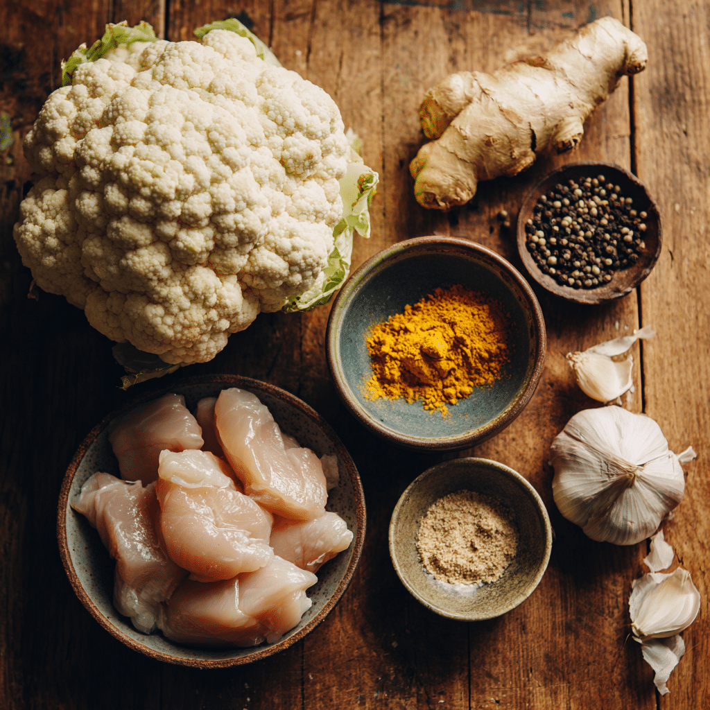 Cauliflower Chicken Soup Recipe: The Quick and Nourishing Comfort You Need 4 Ingredients for Cauliflower Chicken Soup including chicken, cauliflower, turmeric, ginger, and garlic