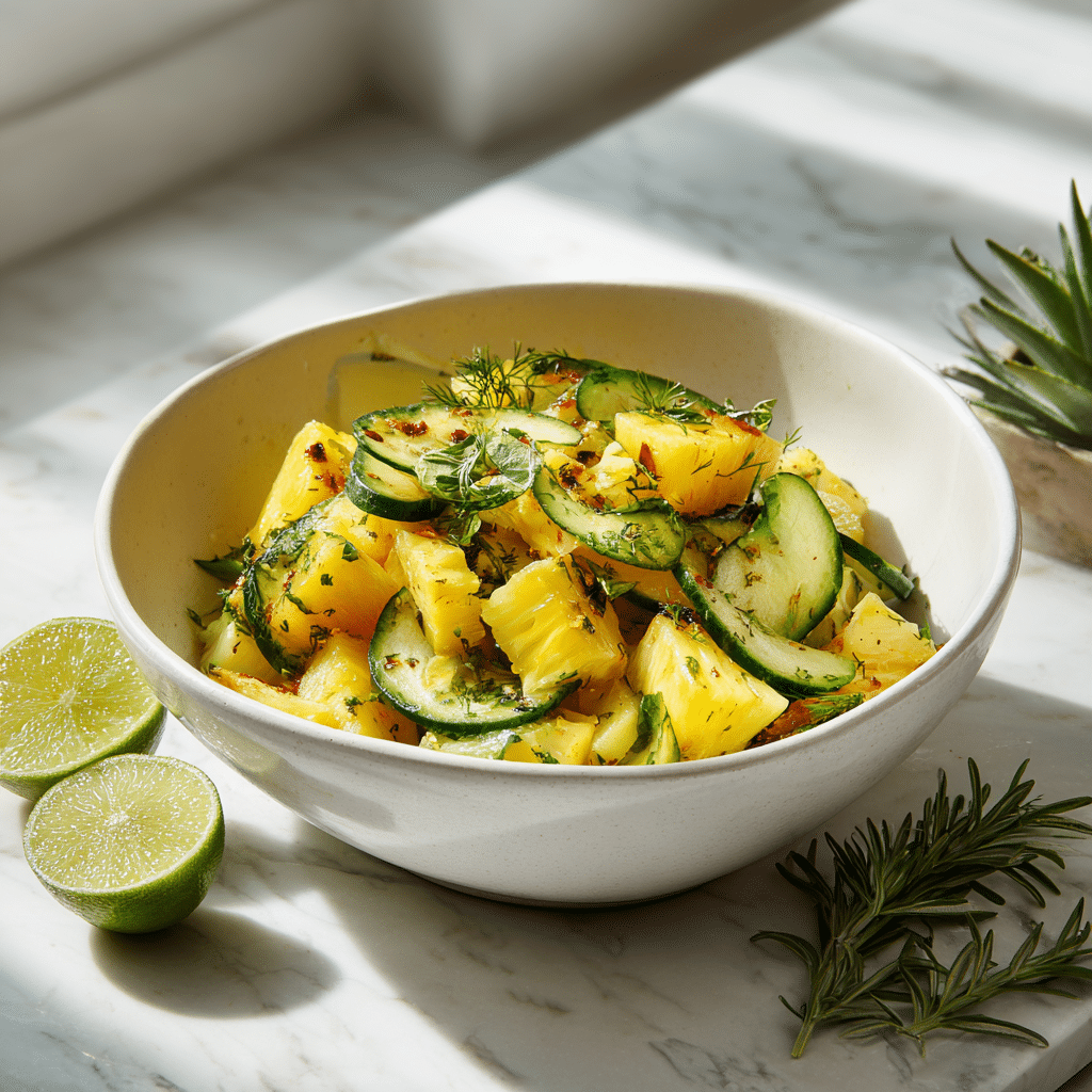 Healing cucumber pineapple salad served with lime dressing on a rustic table