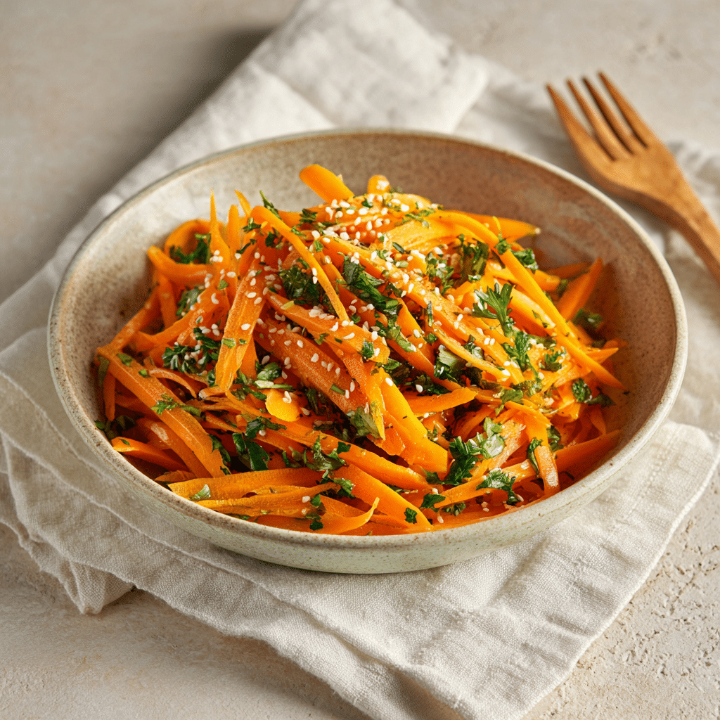 Amazing Retinol Carrot Salad for Glowing Skin and Gut Health 1 Retinol carrot salad in a bowl with herbs and seeds