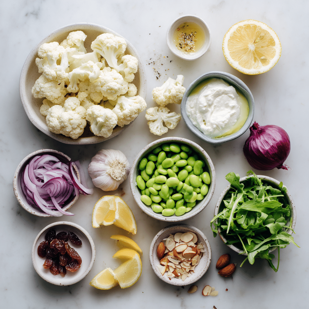 Ingredients laid out for Miso Edamame Salad on kitchen surface