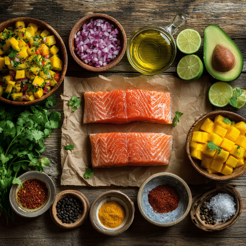 Salmon with Avocado and Mango Salsa: The Ultimate Summer Glow Meal 4 Ingredients for salmon with avocado and mango salsa arranged on a prep board