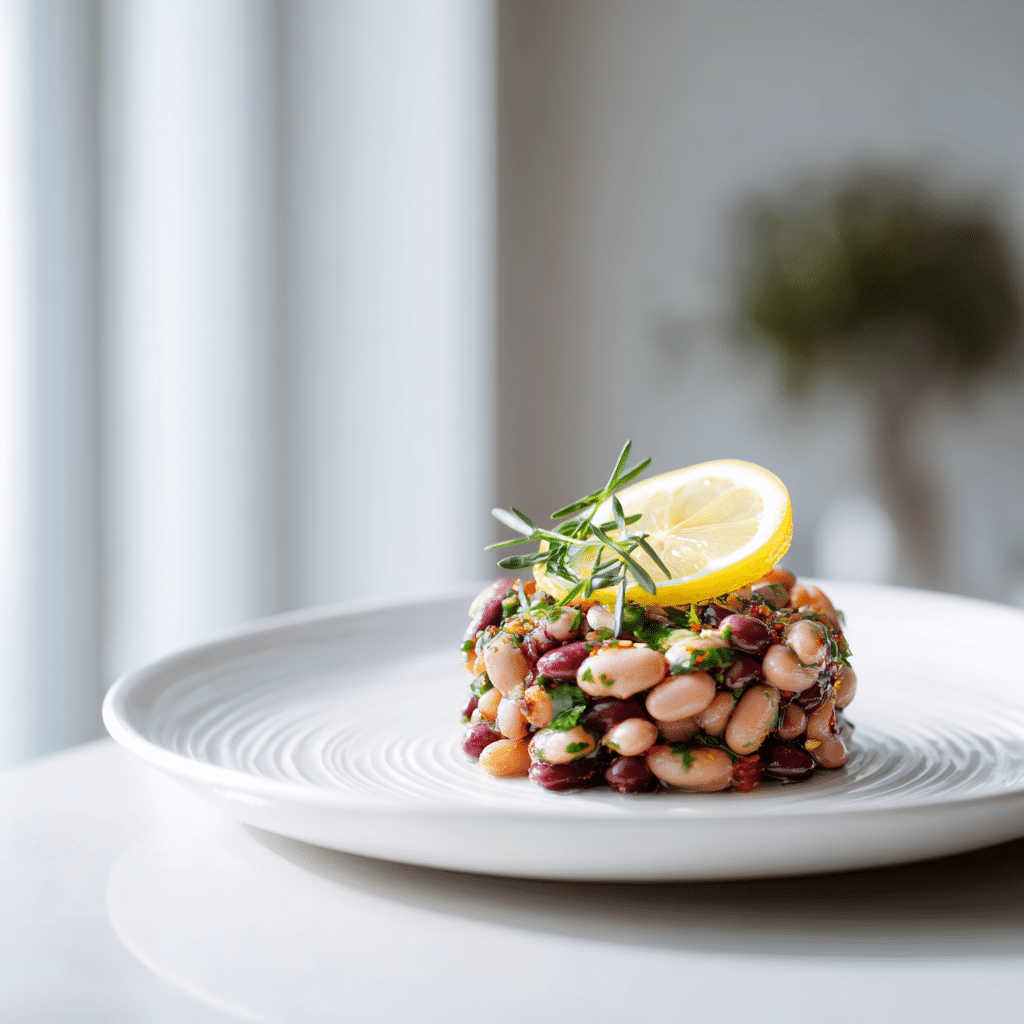 Plated dense bean salad served with fresh herbs and lemon wedge