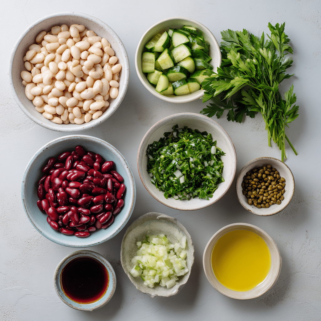 Ingredients for dense bean salad laid out on parchment with bowls