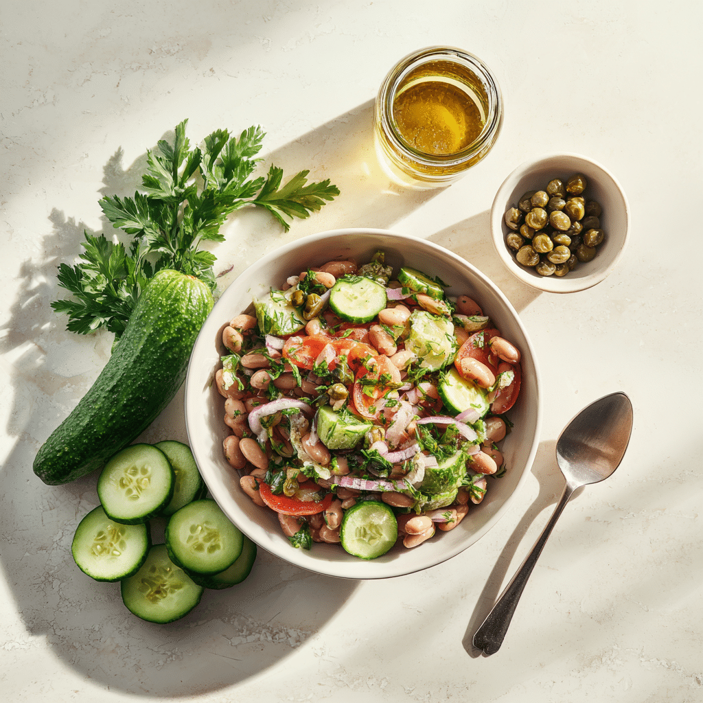 Home - Anti-Inflammatory Recipes 6 Dense bean salad in white bowl with fresh vegetables and vinaigrette