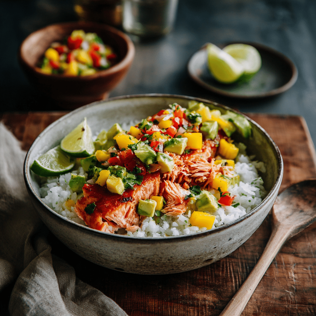 Clean recipe card image of salmon with avocado and mango salsa