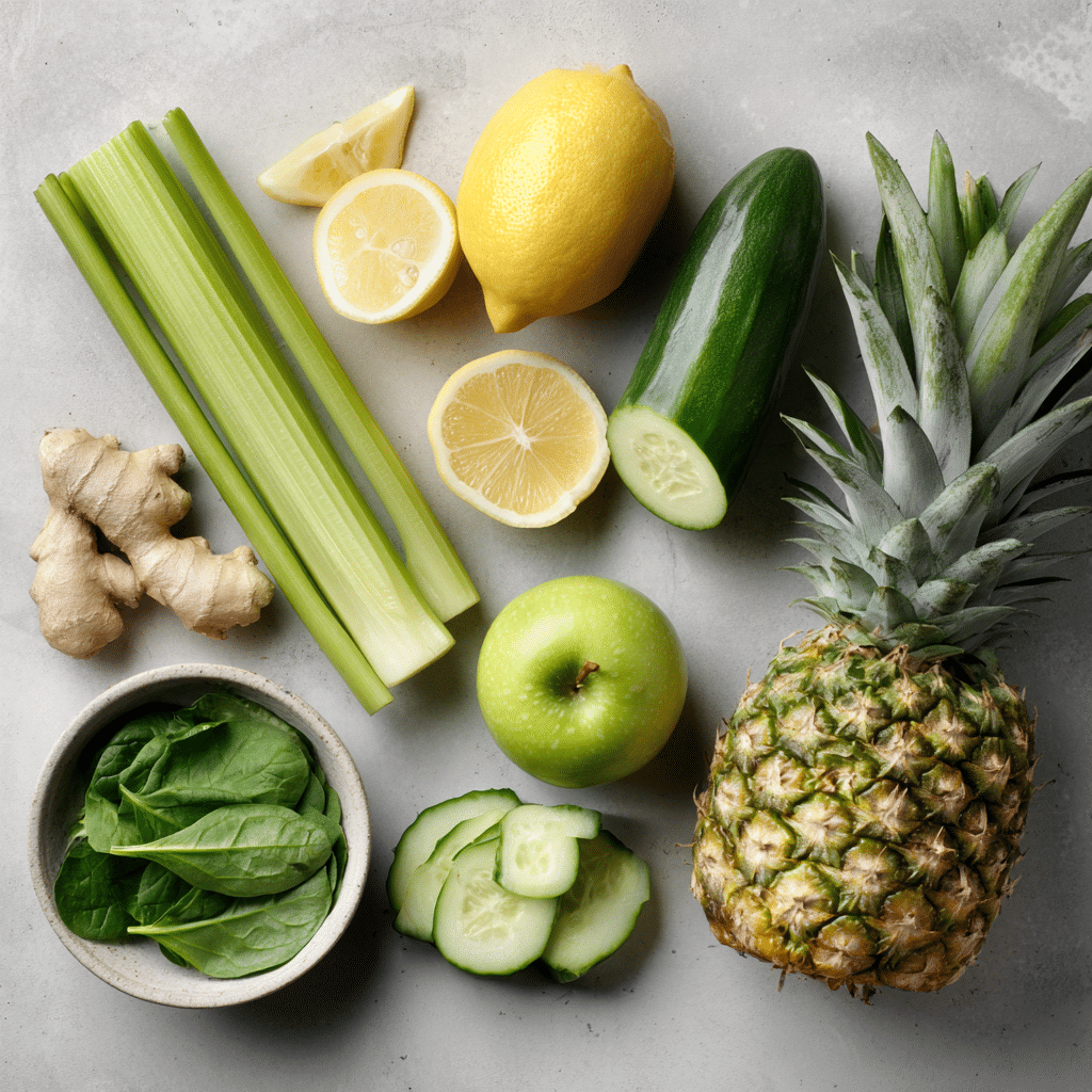 Anti Inflammatory Juices Recipes: The Ultimate Healing Drink You Need Now 4 Flat lay of anti inflammatory juice ingredients on white surface