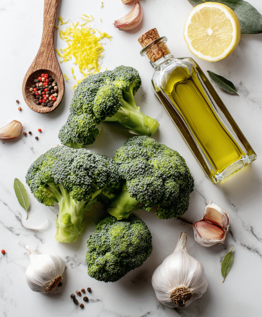 Charred Broccoli Recipes: The Ultimate Crispy Upgrade You’ll Love 4 Fresh ingredients for charred broccoli recipe on cutting board