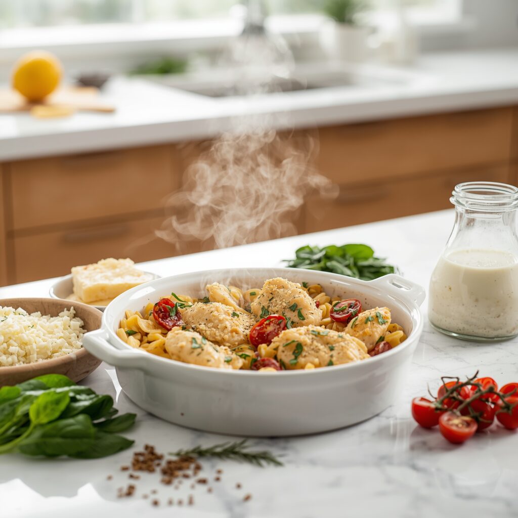 Orzo Chicken Casserole served in a bowl with Parmesan