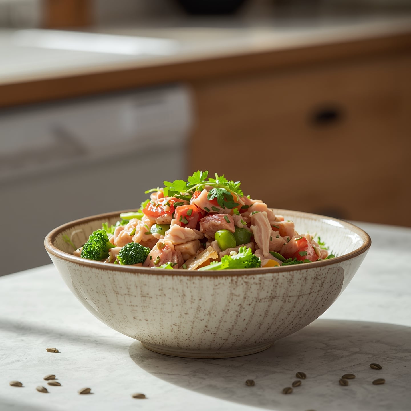 Home - Anti-Inflammatory Recipes 2 Tuna Salad with Broccoli in a modern bowl with fresh herbs