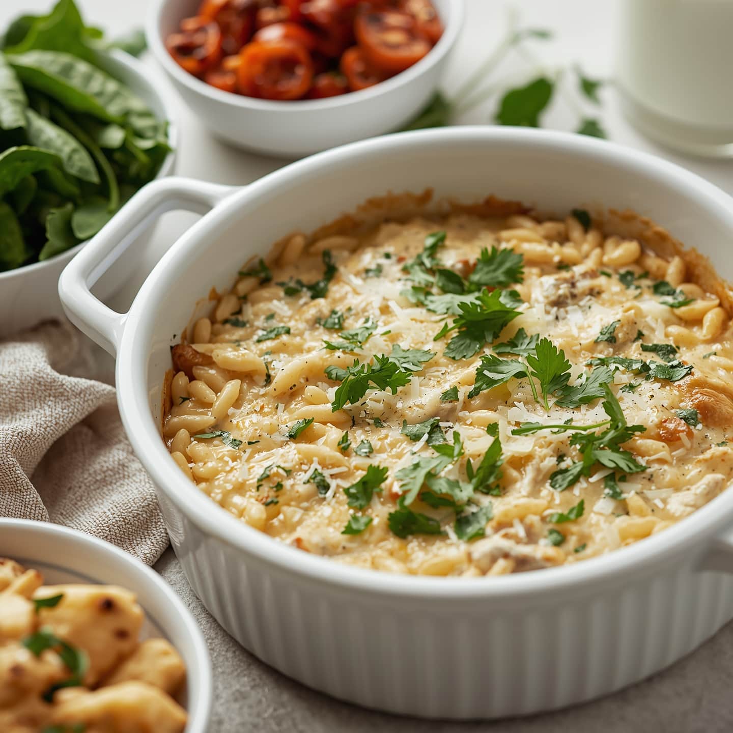 Home - Anti-Inflammatory Recipes 3 Orzo Chicken Casserole in skillet with spinach and Parmesan.