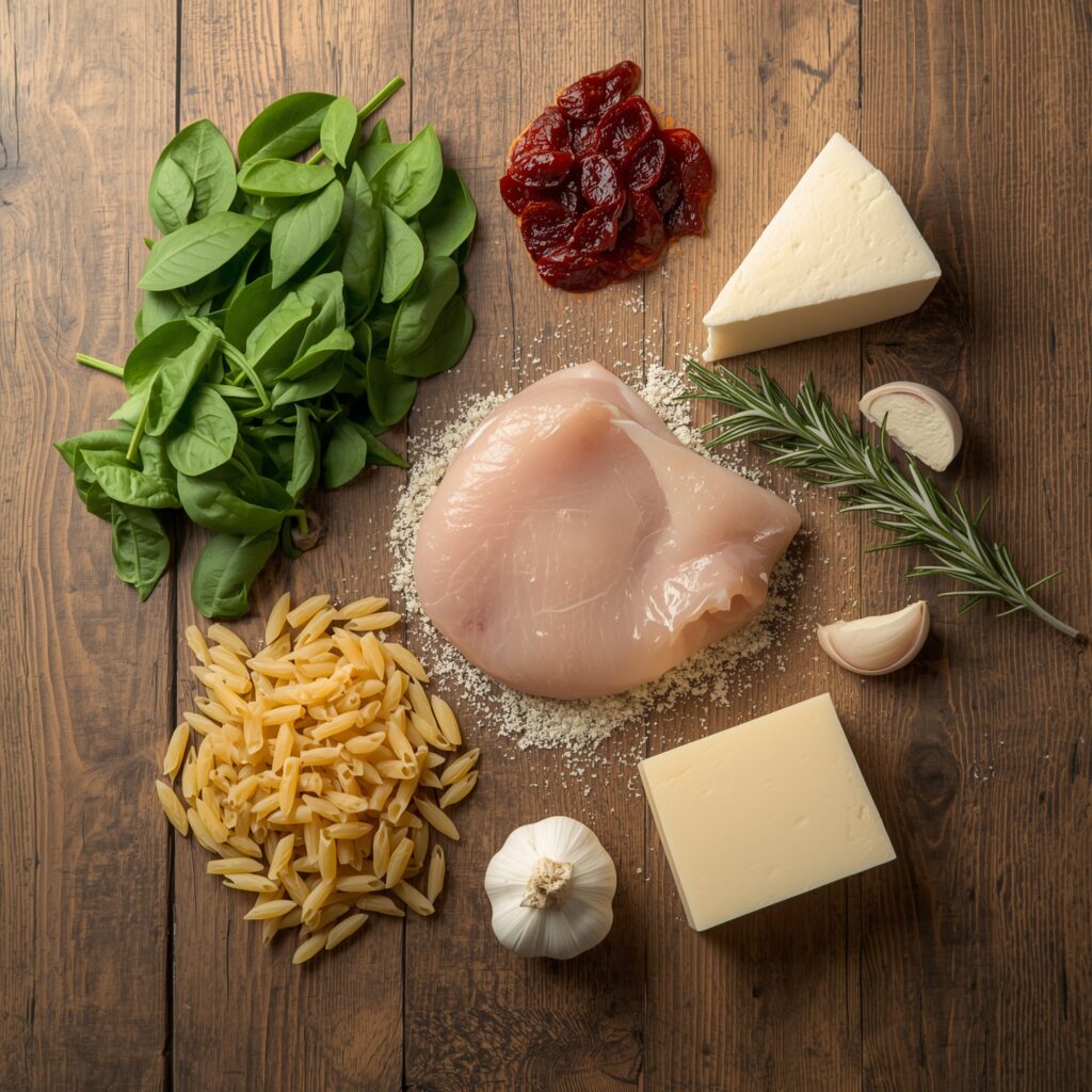 Ingredients for Orzo Chicken Casserole arranged on a table