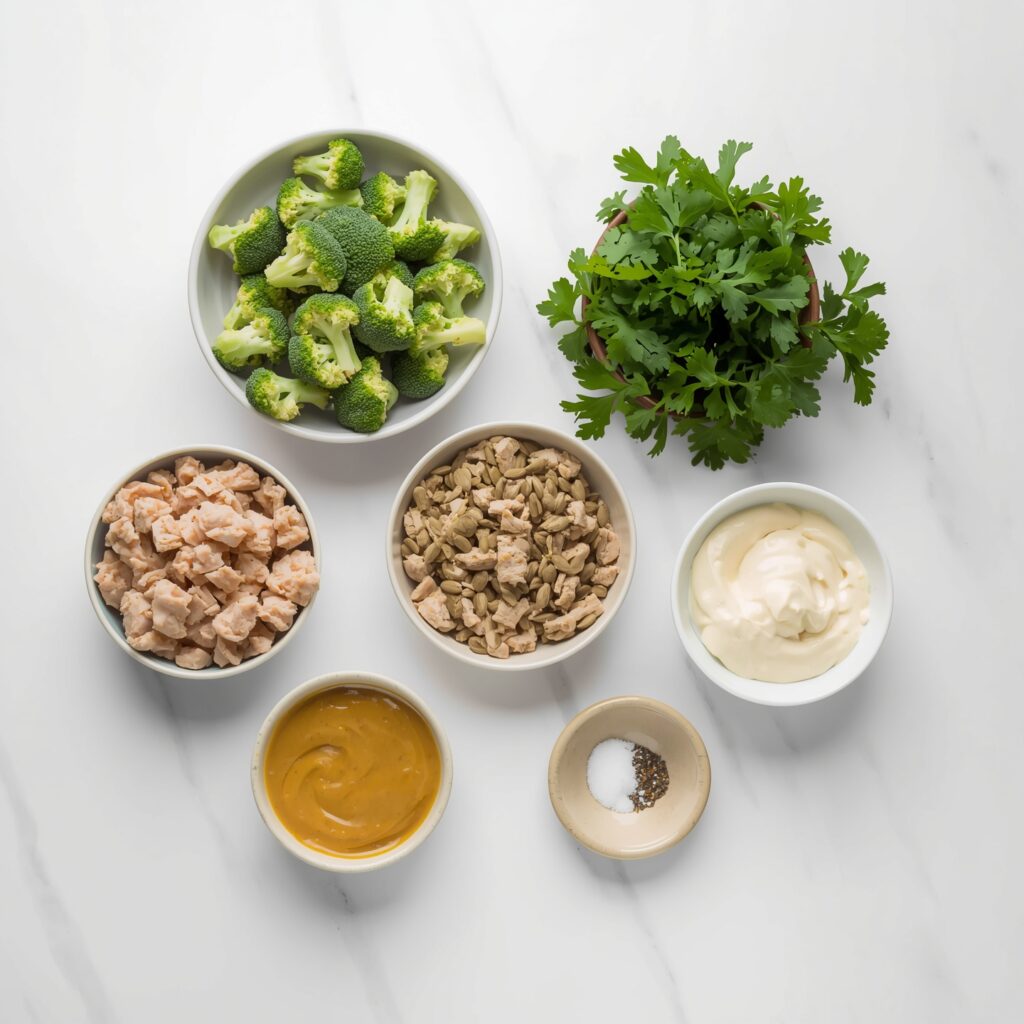 Ingredients for tuna salad with broccoli arranged on a white countertop