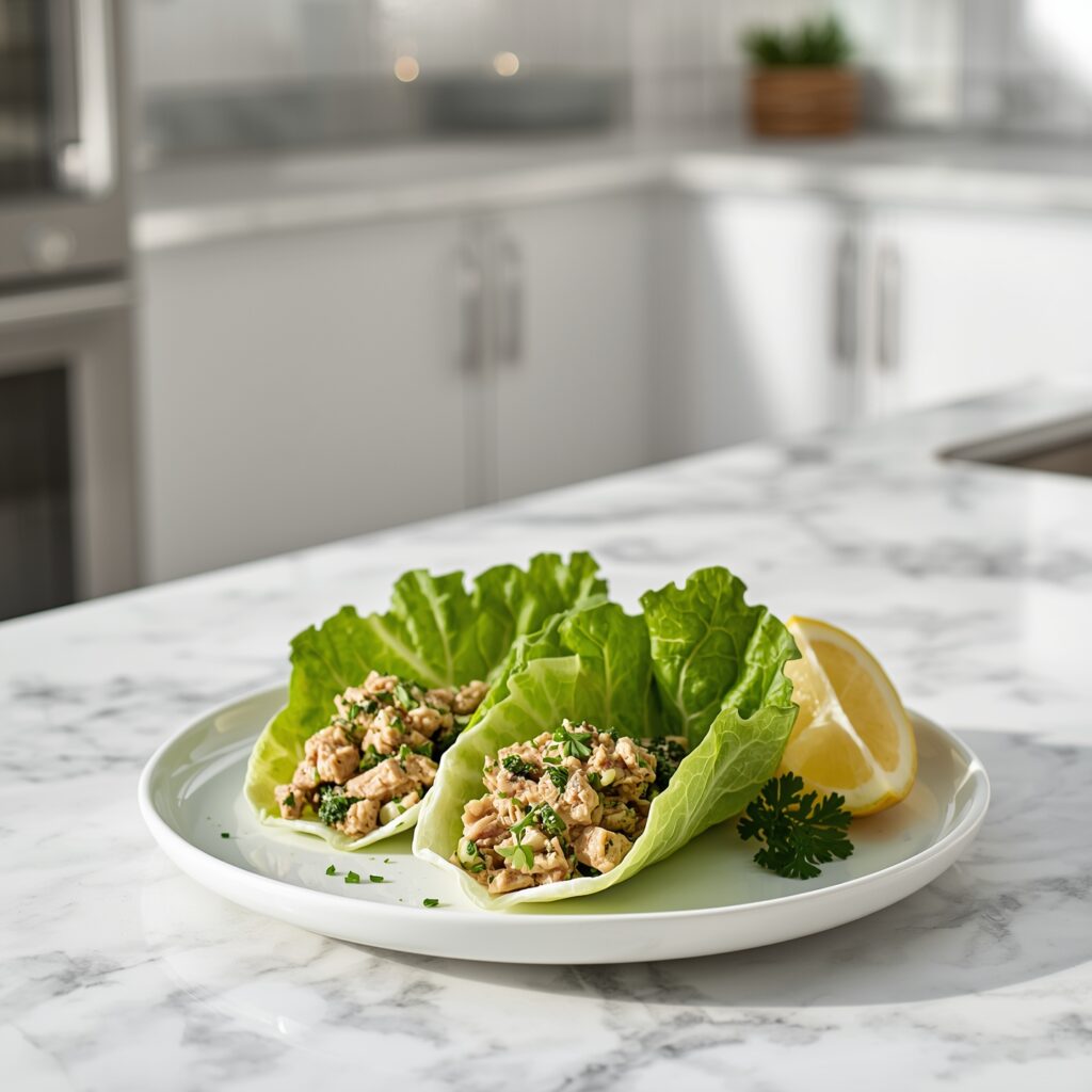 Overhead view of tuna salad with broccoli in a ceramic bowl