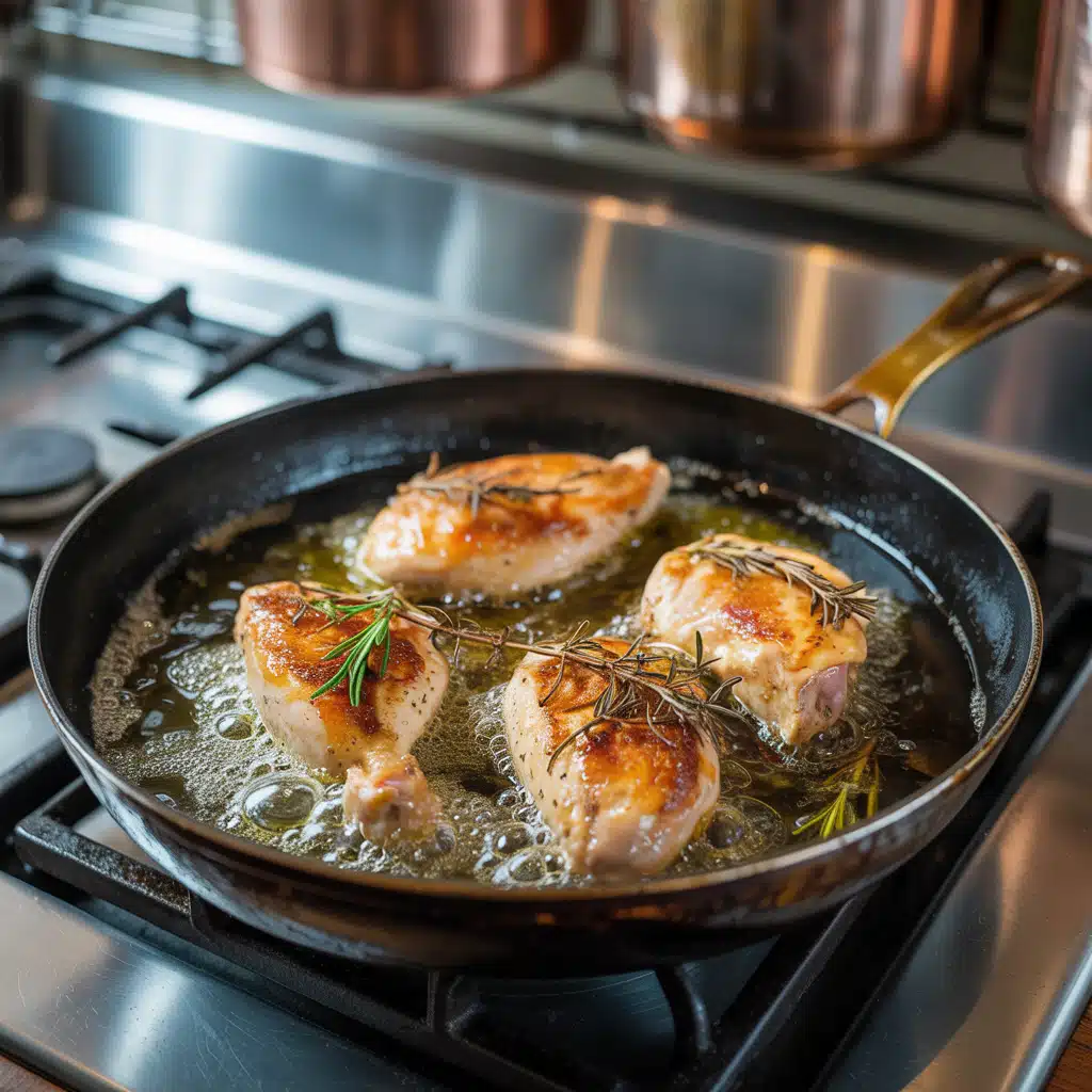Chicken browning in skillet for orzo casserole